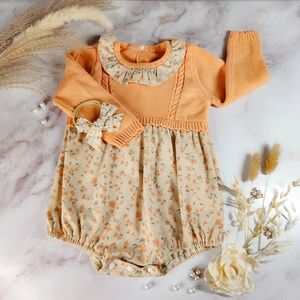 Floral Baby Sweater Romper with Headband, Size 12-18 Mo